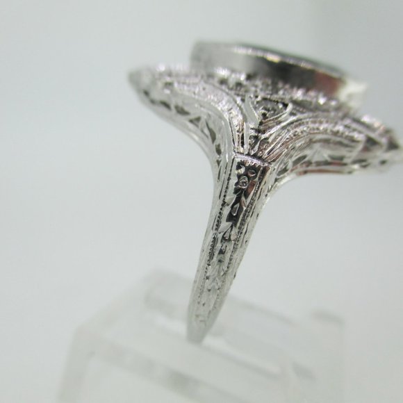 Vintage 18k White Gold Aquamarine with Diamond and Filigree Accents Size 6 3/4 - Picture 5 of 5